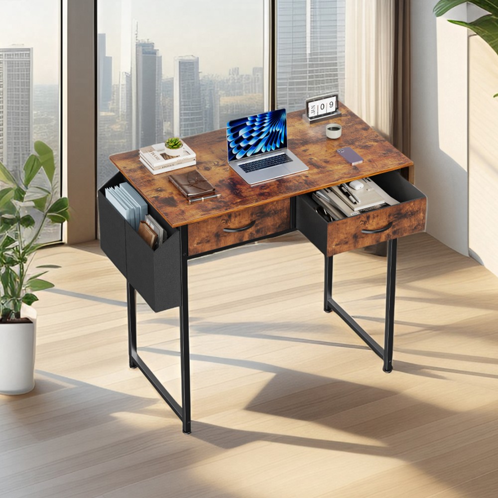 32" Office Small Computer Desk,Home Study Table with 2 Fabric Drawers & Side Bag