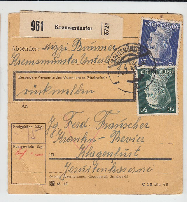 Package Card Eastmark Kremsmünster 1944