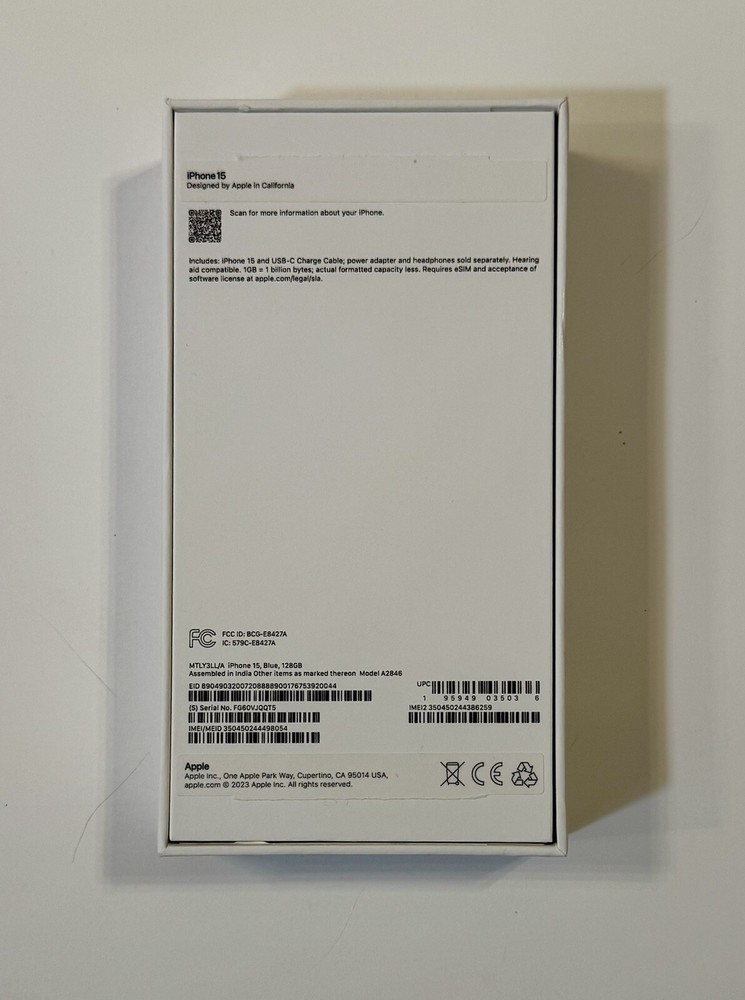 Apple A2846 iPhone 15 Blue 128GB - Empty Box ONLY