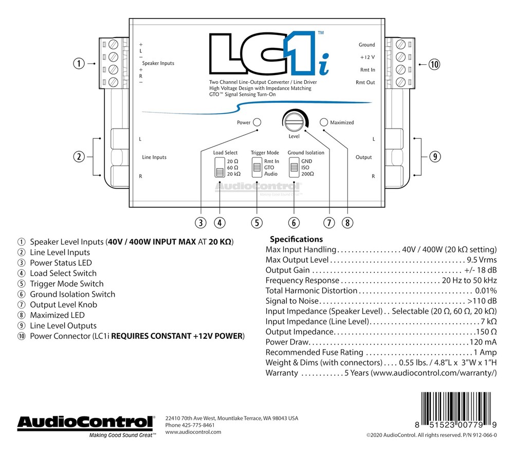 LC1i Active 2-Channel Line Driver/Line Output Converter, Provides Input Signa...