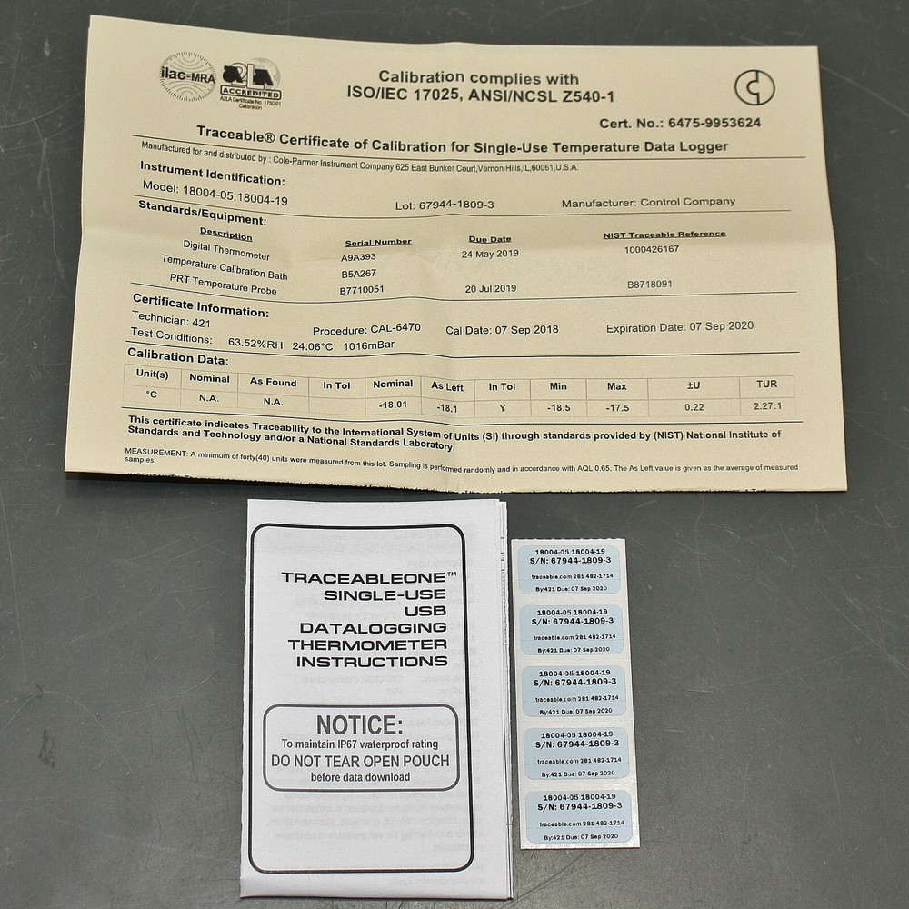 Traceable USB Temp Data Logger 6475, Single Use Thermometer, -15° C, -20° C