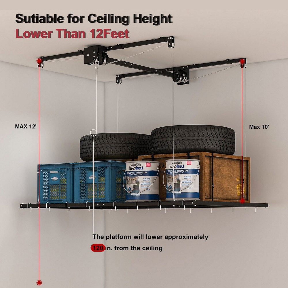 High Ceiling 4x4FT Overhead Garage Lift Platform System Storage Rack Safety Lock