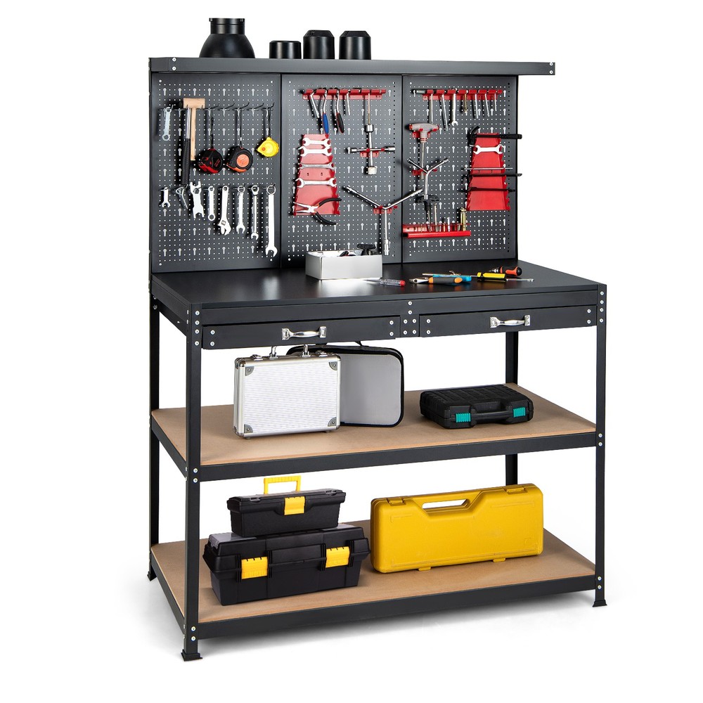 48" Workbench Multipurpose Garage Worktable w/ Peg Board Hook Kit & Drawers