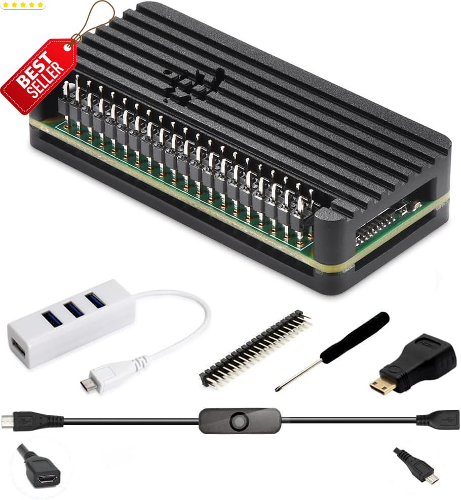Pi Zero Aluminum Case Kit with Pin Header, OTG Hub, HDMI Adapter, On/Off Switch