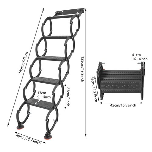 5-Step Wall Mounted Folding Ladder, Black Retractable Telescoping Step Stairs