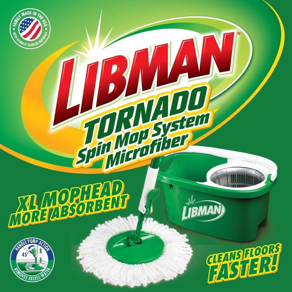 Tornado Spin Mop System with 4 Microfiber Heads - No-Tip Bucket & Spin Chamber