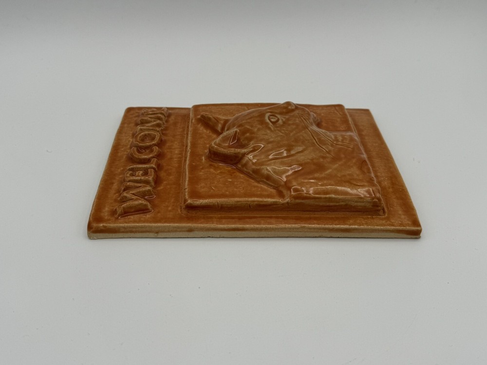 Signed Ceramic Studio Art Pottery Ginger Cat Wall Plaque Welcome Sign Tile 7”