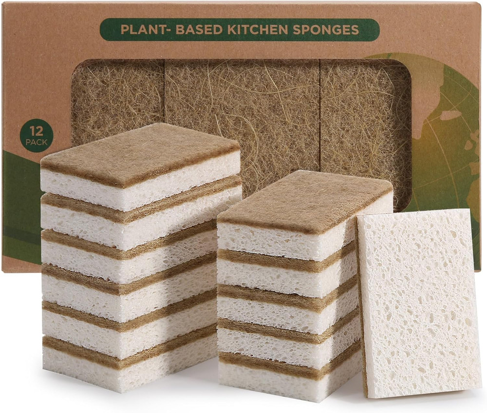 Natural Sponges for Dishes 12 Pack - Keep Soap Biodegradable Kitchen Sponge Comp