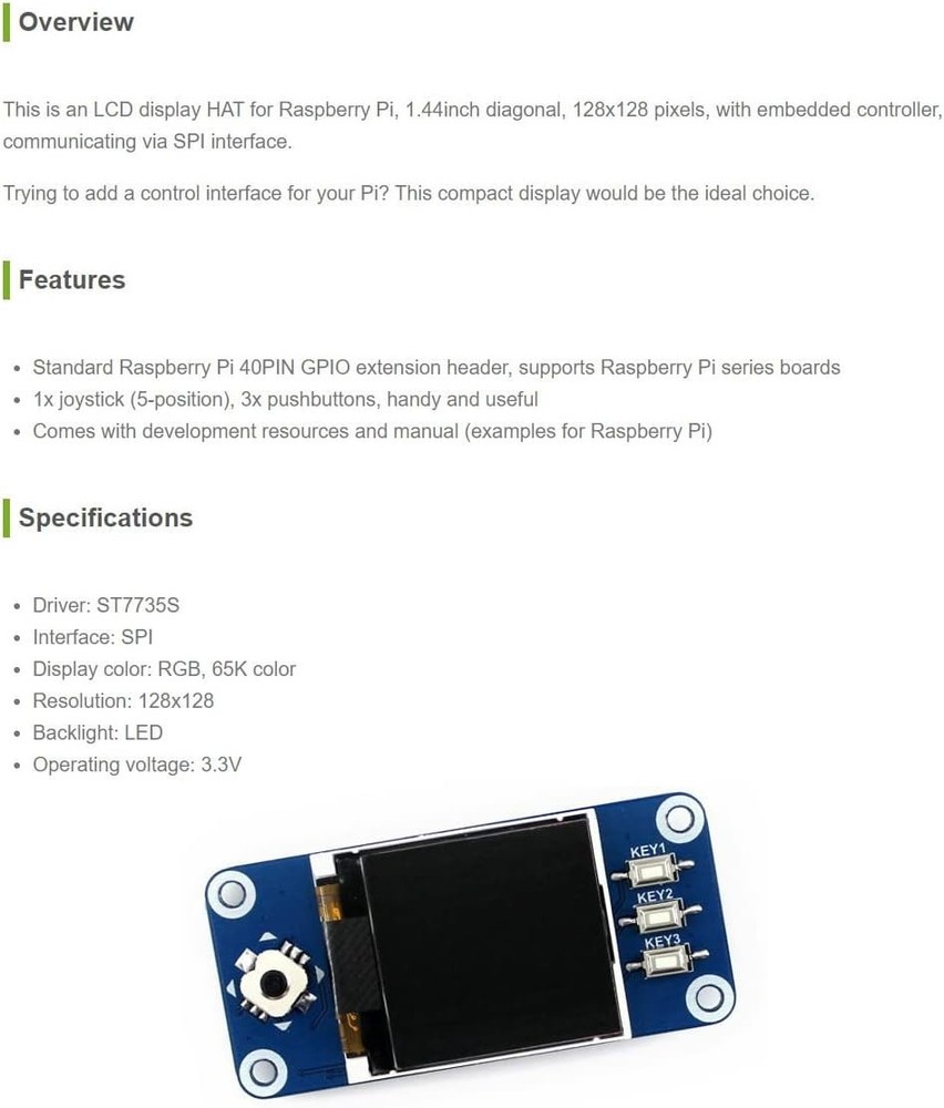 Waveshare 1.44inch LCD Display HAT for Raspberry Pi 128x128 Pixels SPI Interface