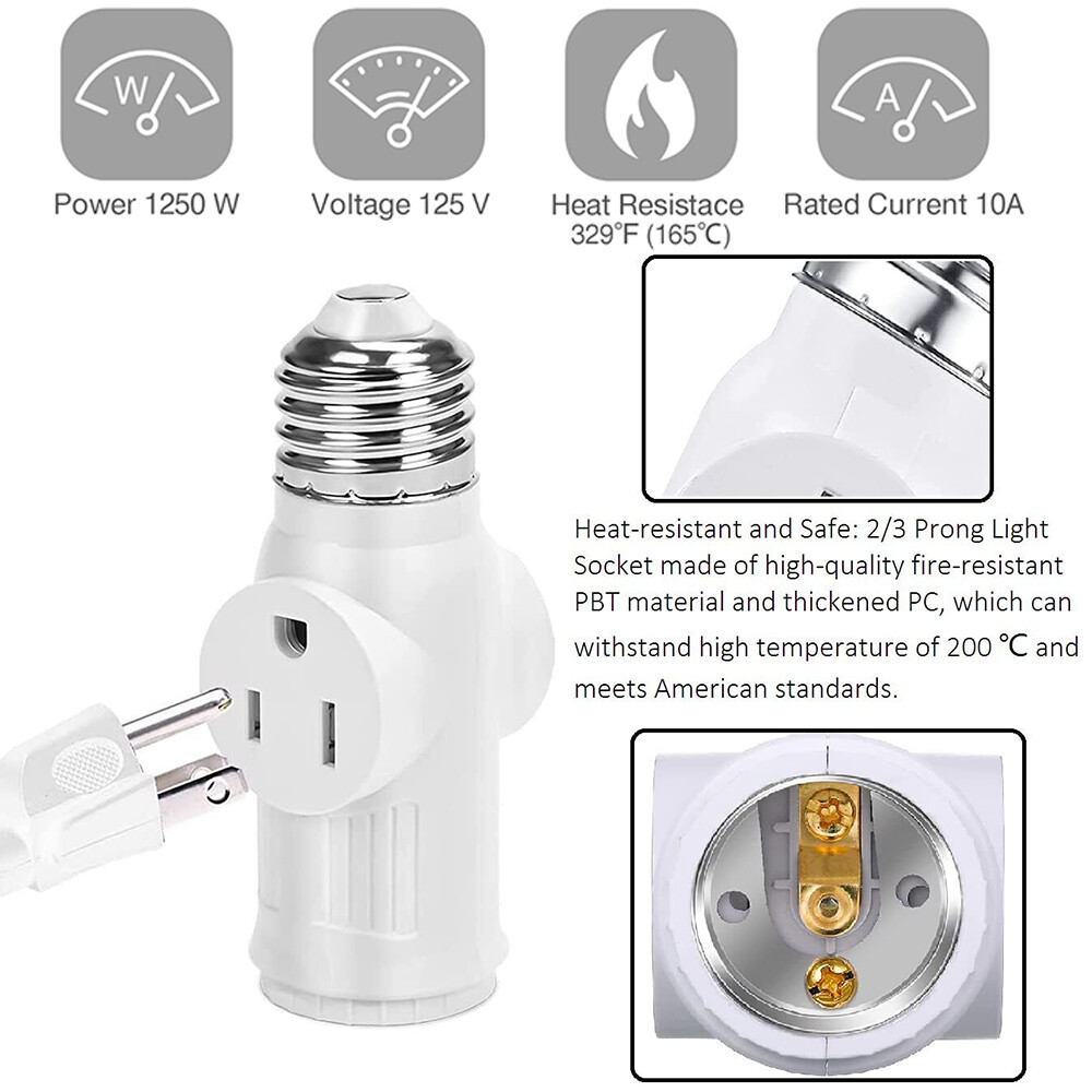 E26/E27 Light Socket to Plug Adapter 2/3 Prong Light Bulb Outlet Plug Converter