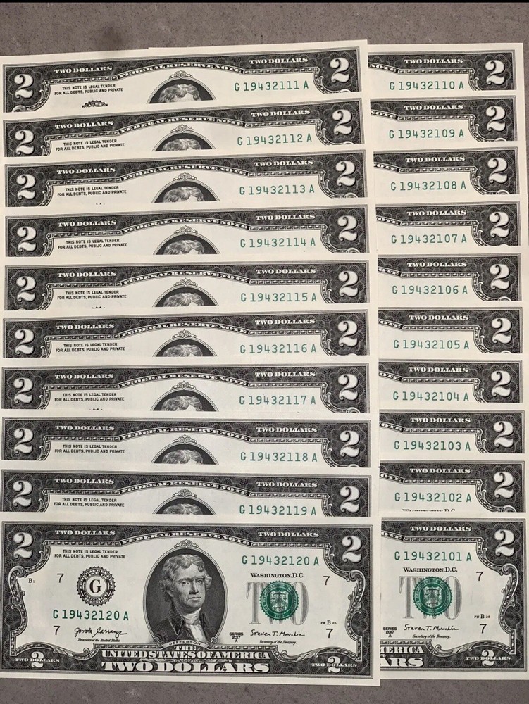 REAL 10 ($2) TWO DOLLAR BILLS UNCIRCULATED SEQUENTIAL - BUY MORE, SAVE MORE!