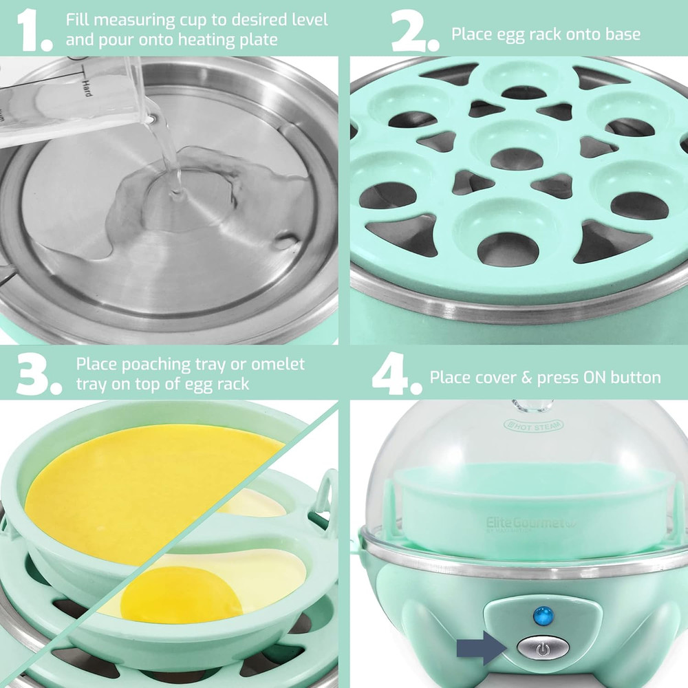 Easy Electric 7 Egg Capacity Soft, Medium, Hard-Boiled Cooker Poacher, Scrambled