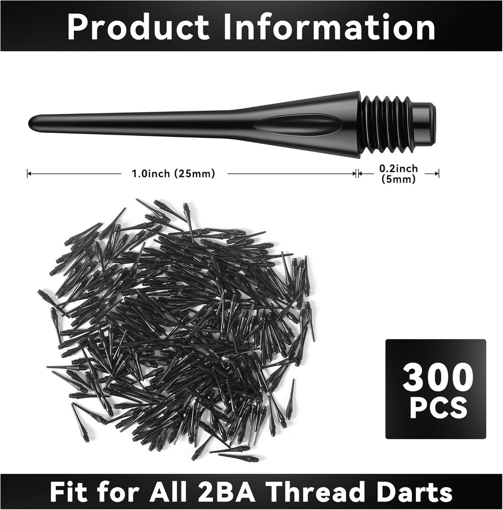300 Pack 2BA Thread Plastic Tip Dart Points, Premium Soft Dart Tips Replacement,
