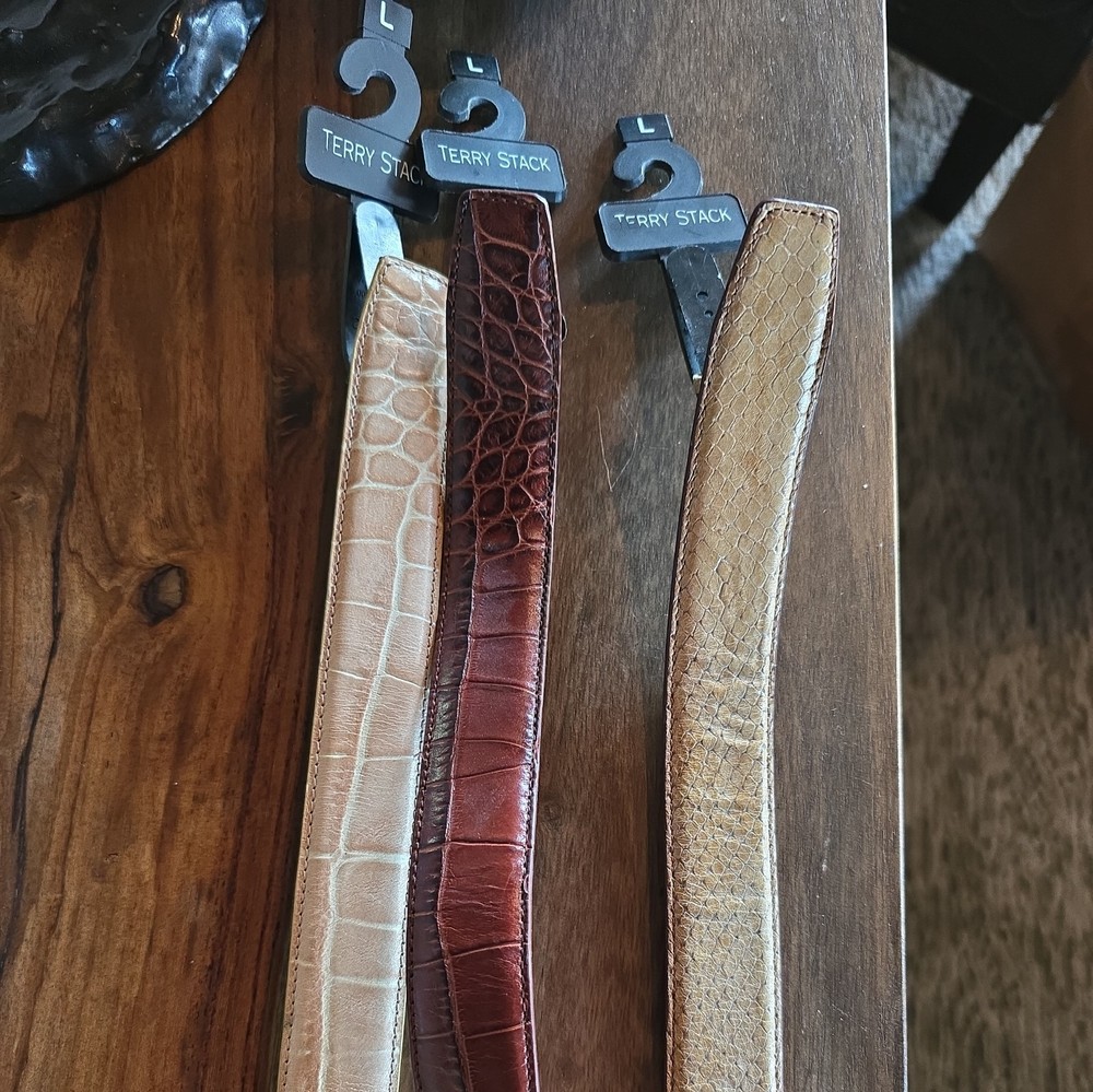 All 3 Terry Stack Belts Snake Skin Pattern Italian Leather Hook Loop Closure.