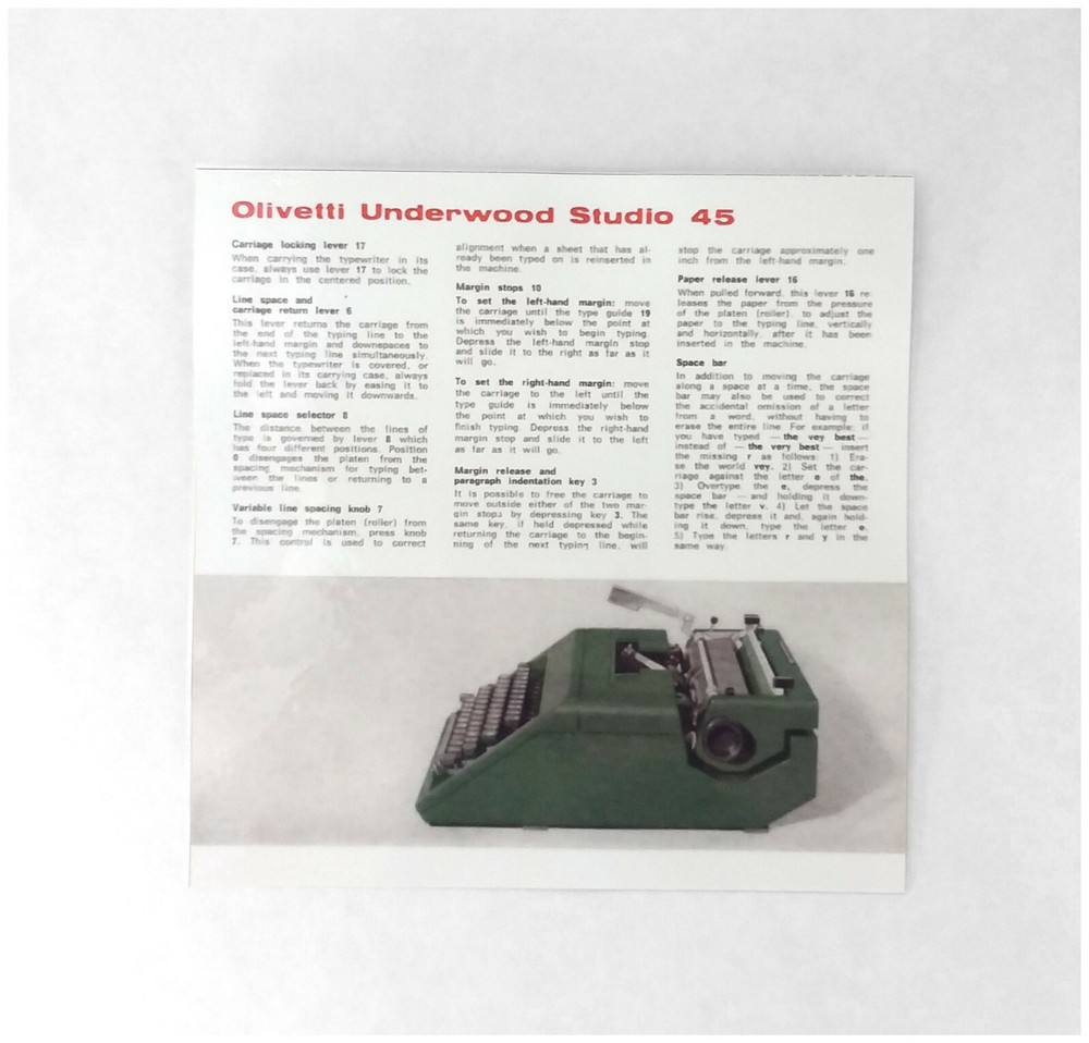 Olivetti Studio 45 Typewriter Instruction Card Owner's Guide User Directions