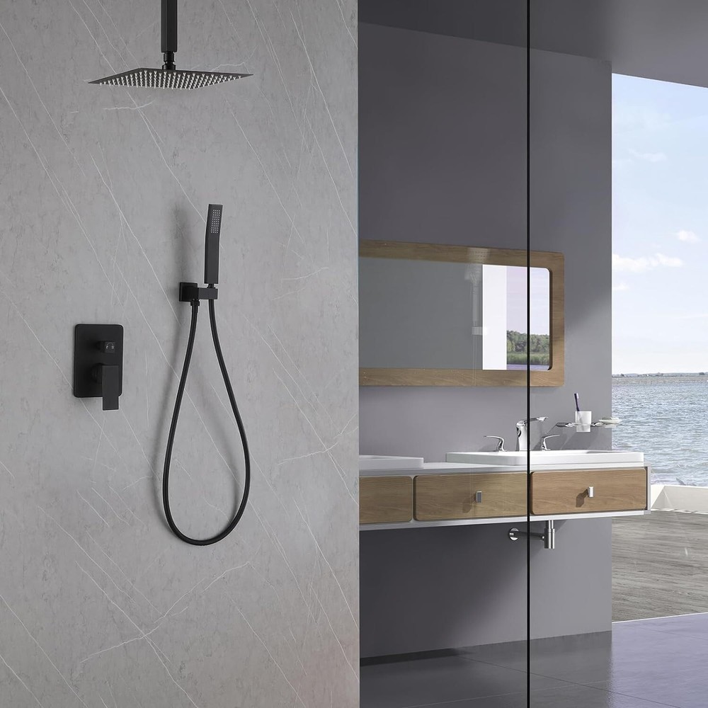 Shower Faucet System Set 12" Rainfall Head Combo With Mixer Valve Ceiling Mount