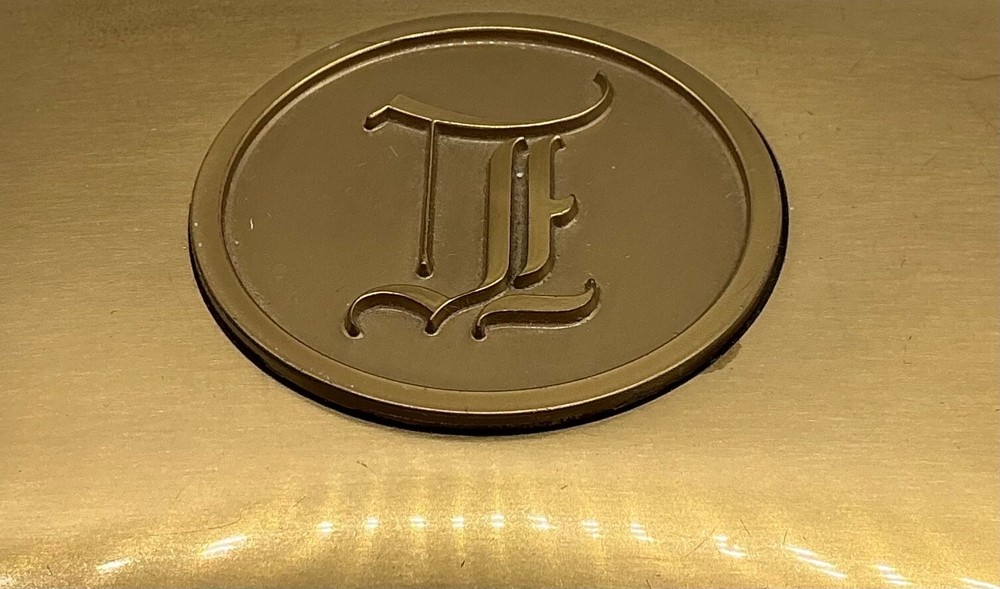 MCM Brass Hyde Park cork lined 8” box attached lid 2 sections 1950s monogram I