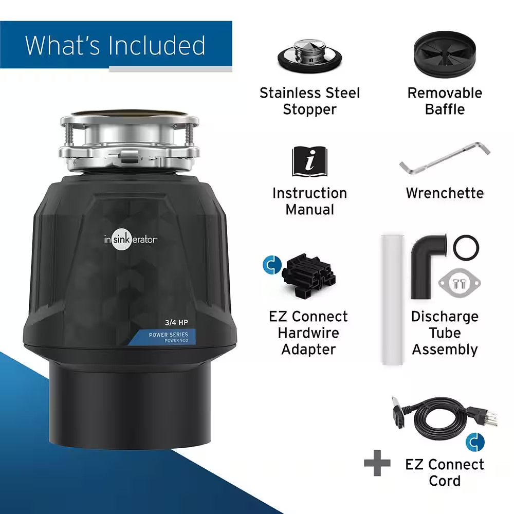 Power 900, 3/4 HP Garbage Disposal, Continuous Feed Food Waste Disposer with EZ