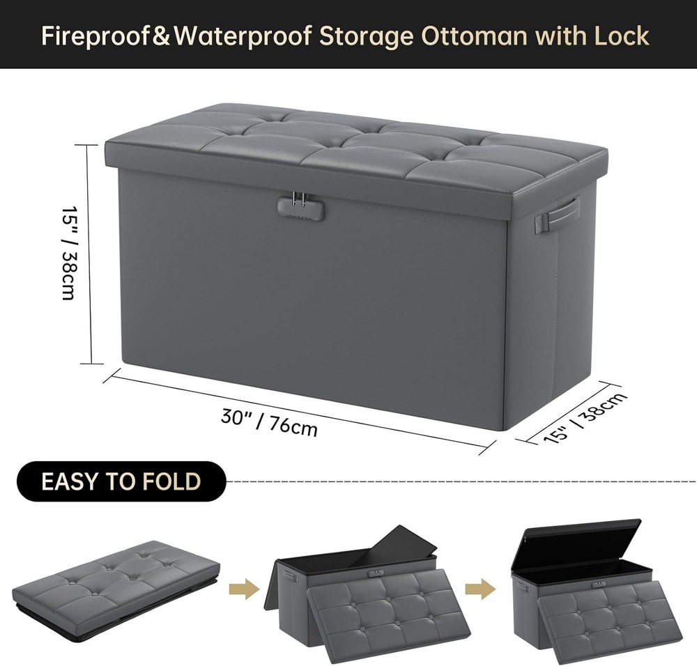 DocSafe Storage Ottoman Bench with Lock,Fireproof 30 x 15 x 15 inches, Grey