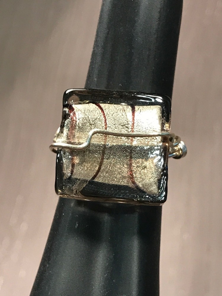 Handmade Artisan Craft Wire Non Tarnish Silver Ring Sq. Large Grey Bead Size 9