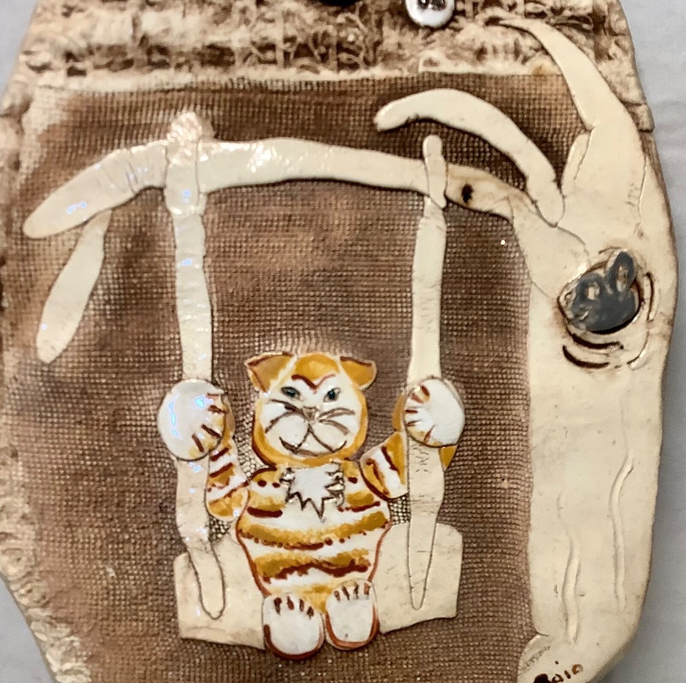 Vintage Studio Art Pottery Mixed Media Wall Hook Cat On Swing Mouse In Tree