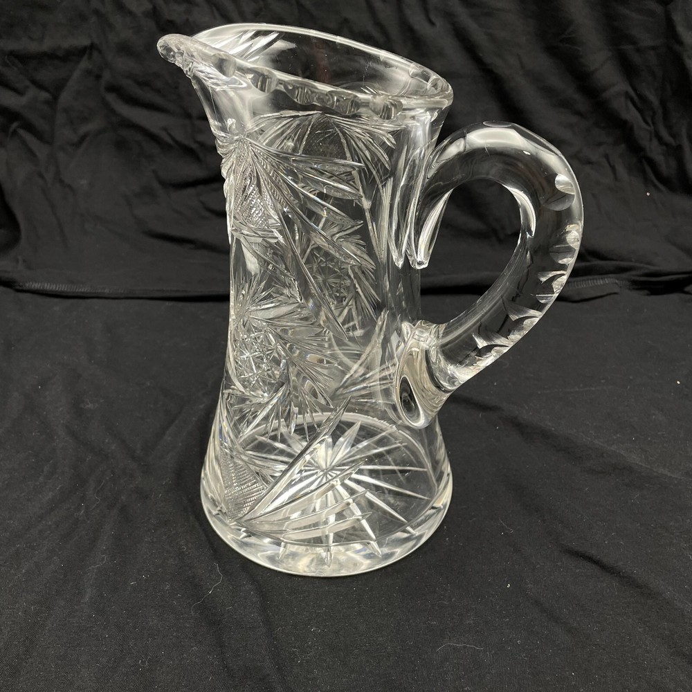 Cut Glass Pitcher 9" T x 4.5" W at base Starburst & Diamond cut patterns Elegant