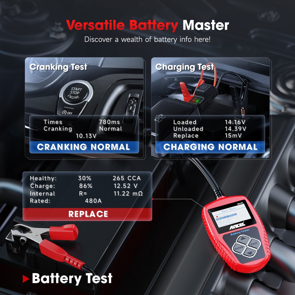 ANCEL BA101 Car Battery Tester 12V Load Tester Cranking Charging System Analyzer