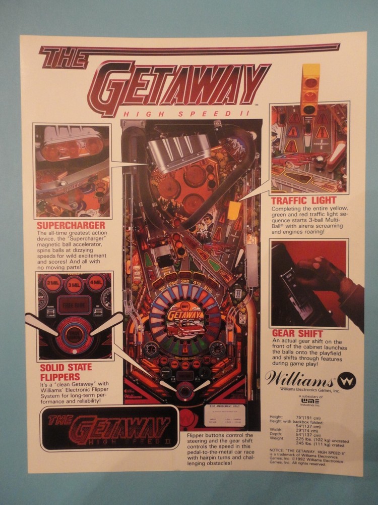 The Getaway Pinball Machine Flyer Williams Autographed Brochure