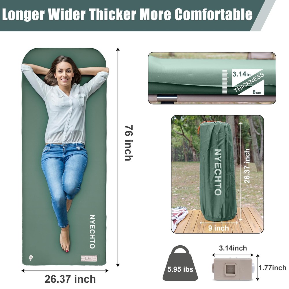 Self Inflating Sleeping Pad with Electric Pump, 3.14 Ultra-Thick Memory Foam
