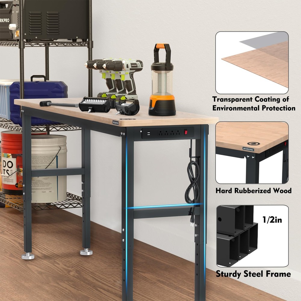 WORKPRO 72" Adjustable Workbench Garage Workbench with Power Outlet 3000LBS Load