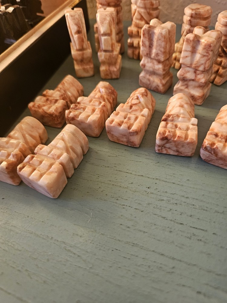 Vintage & Complete Marble & Onyx AztecStyle Chess Pieces In Original...