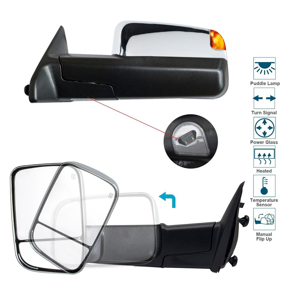 Towing Mirrors Fit 2011 2012 2013 2014 Ram 1500 2500 Power Heated Sensor Chrome