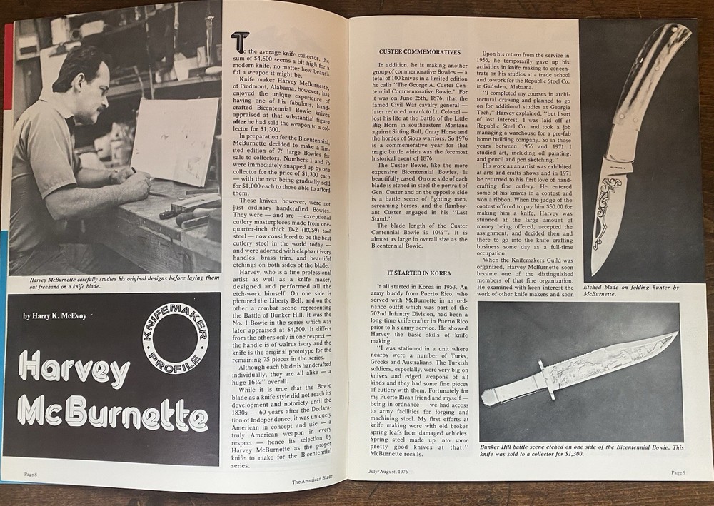 HARVEY MCBURNETTE HANDMADE KNIFE ARTICLE AMERICAN BLADE 1976 MORSETH RANDALL