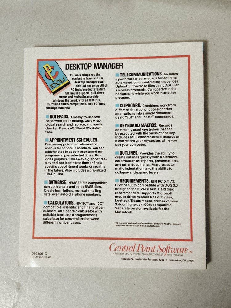 1989 Central Point PC Tools Deluxe Version 5.5 dBase, 123 Viewers, w/5¼" & 3½"