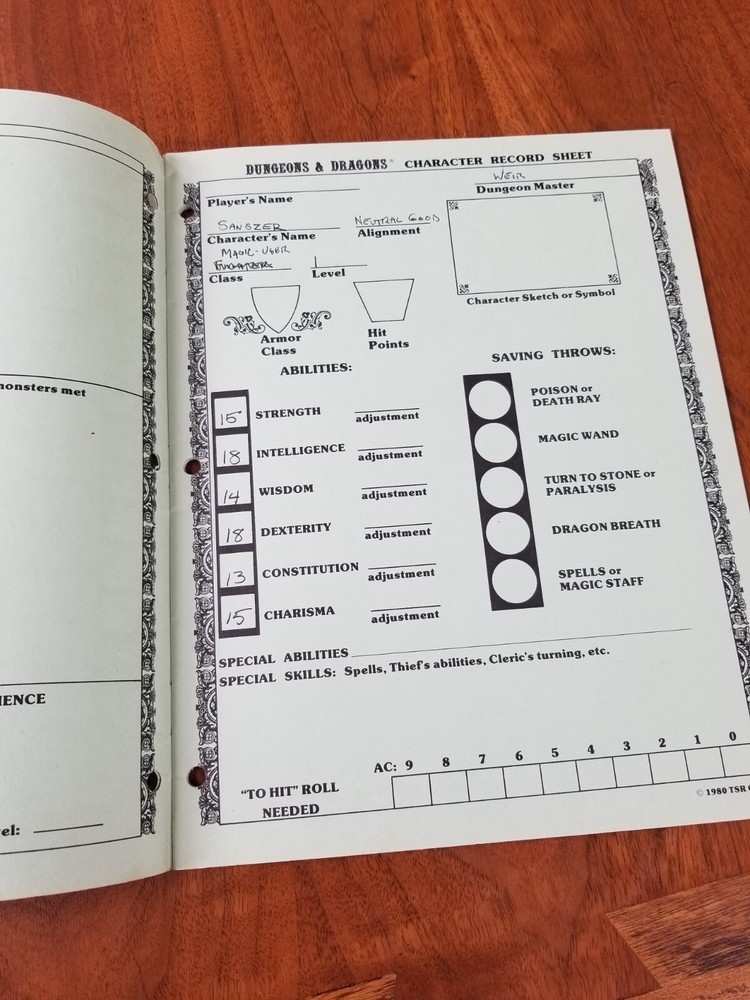 D&D Player Character Record Sheets TSR 9037