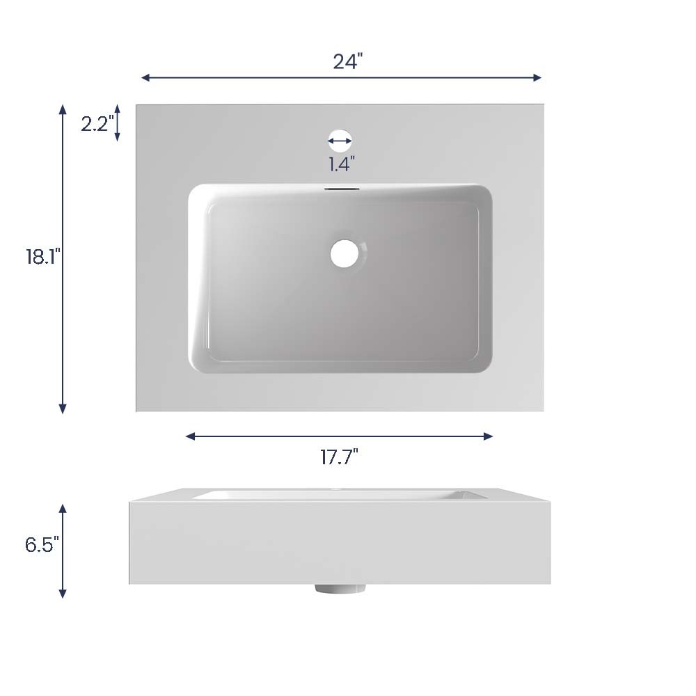 BB02-24-101, Integrated solid surface basin WITHOUT drain & faucet, glossy white