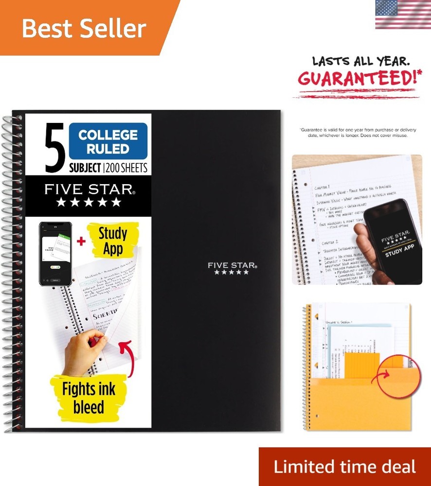 5 Subject Spiral Notebook with Study App – Durable & Water Resistant, 200 Sheets