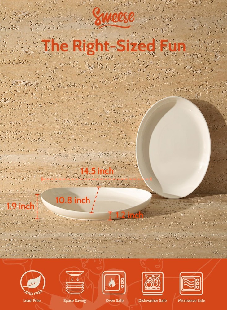 Sweese 2-Pack Porcelain Oval Serving Platters, White, Durable, Chip-Resistant