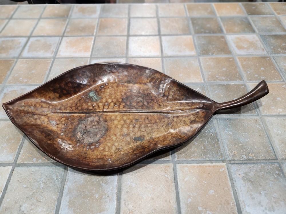 Solid Copper Leaf Tray w/ Handle Patina Some Vertigree