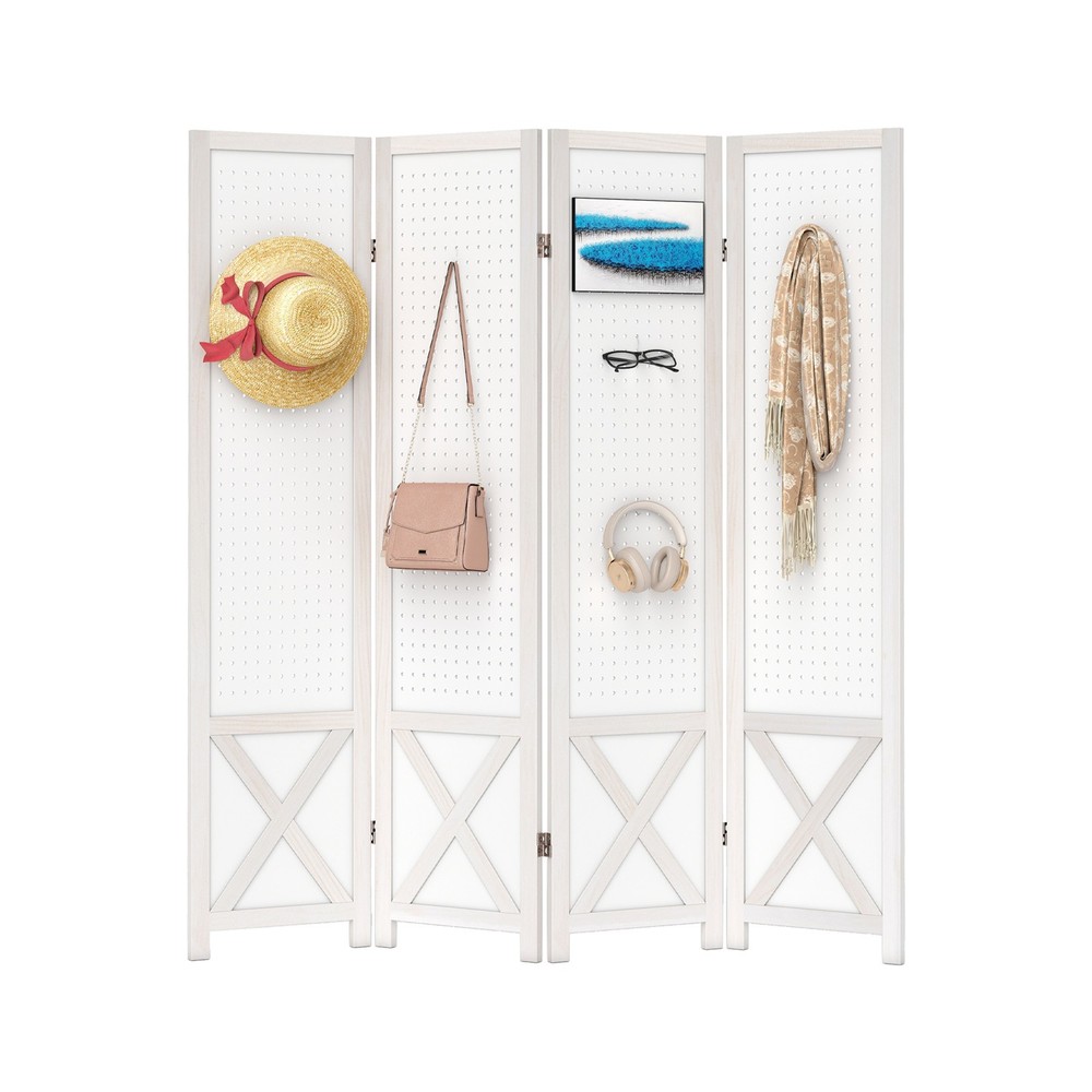 4-Panel Pegboard Room Divider, 67" Tall Foldable Privacy Screen, For Home, White