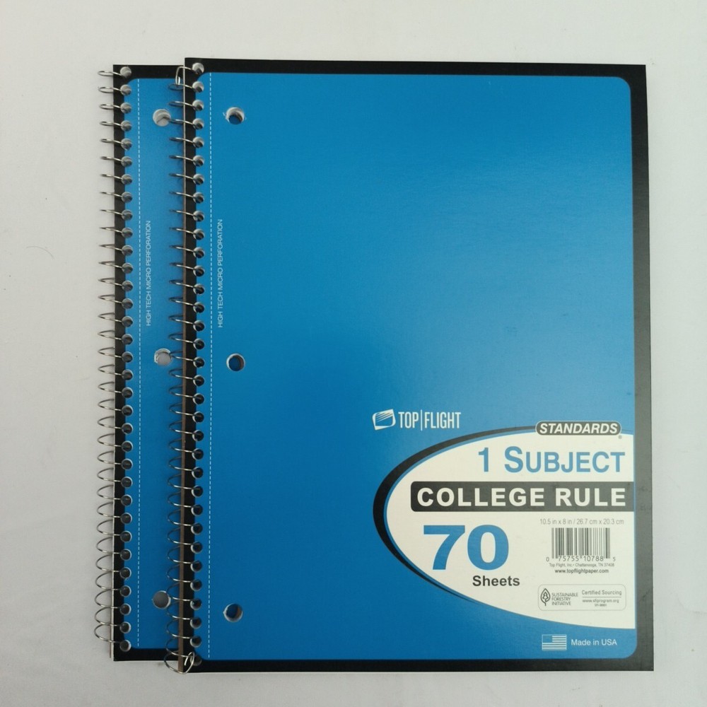 9 Pack Top Flight Spiral Notebook COLLEGE 1 Subject 70 Sheets Assorted Colors