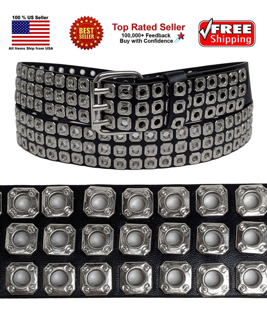 Silver 3Holes Rows Square Grommets Black Bonded Leather Belt