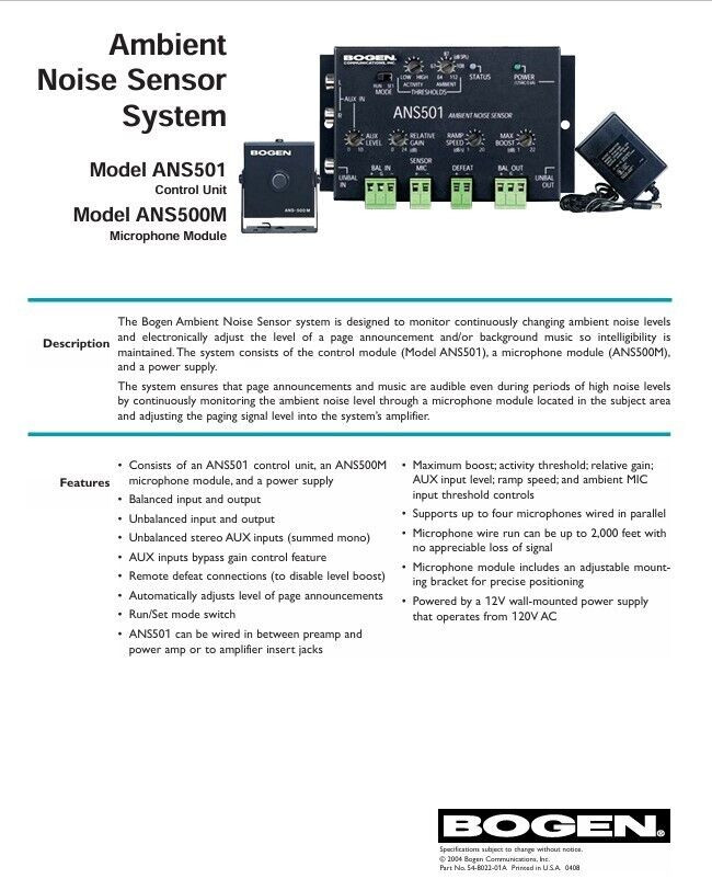 NEW - BOGEN ANS501 - Ambient Noise - Sensor Microphone Power Supply