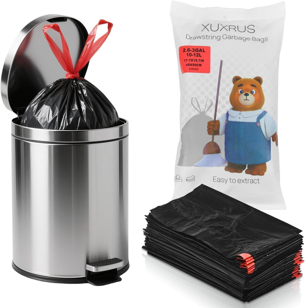 2.6 Gallon Small Black Bathroom Trash Bags, 60 Count Folded Drawstring Small ...
