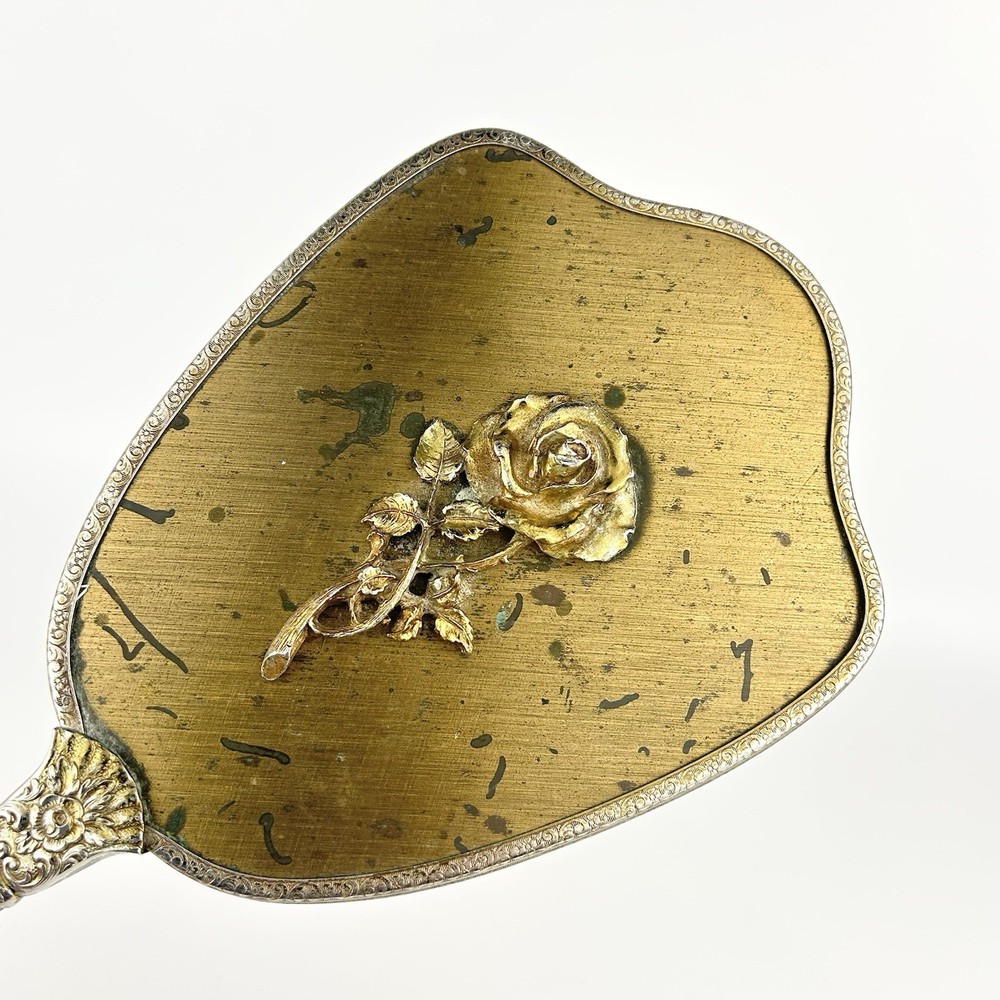 Vintage Vanity Hand Mirror Rose Design Long Handle