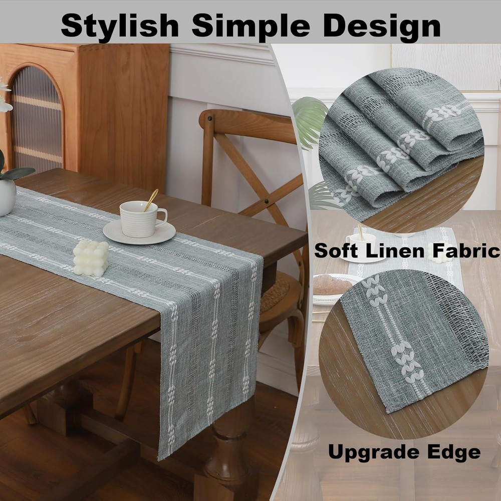 Gernaice Boho Table Runner, Embroidered Cotton 13" X 60", Grey