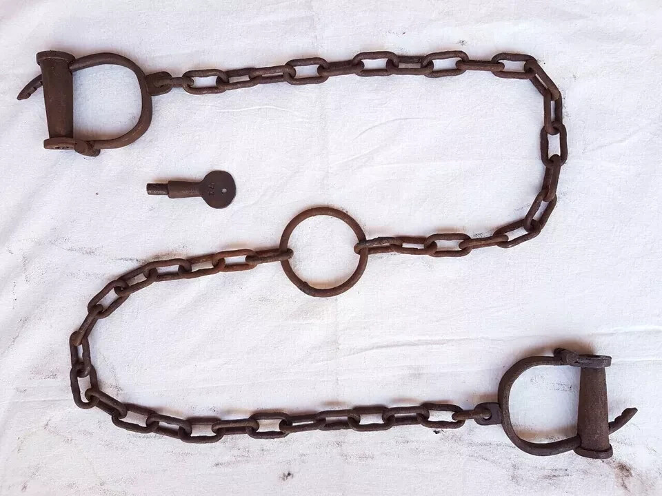 Rare- Adjustable Lock Antique Handcuffs Iron Heavy Strong Long chain