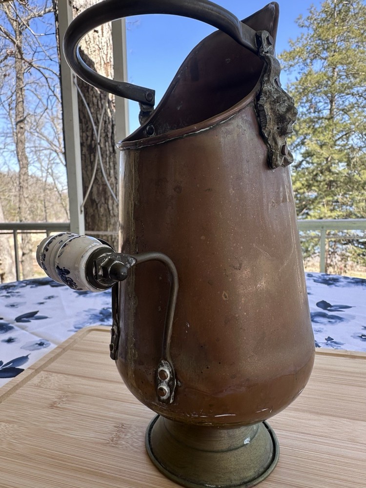 Vtg Copper & Brass Coal Scuttle Delft Porcelain Handle Fireplace Rustic