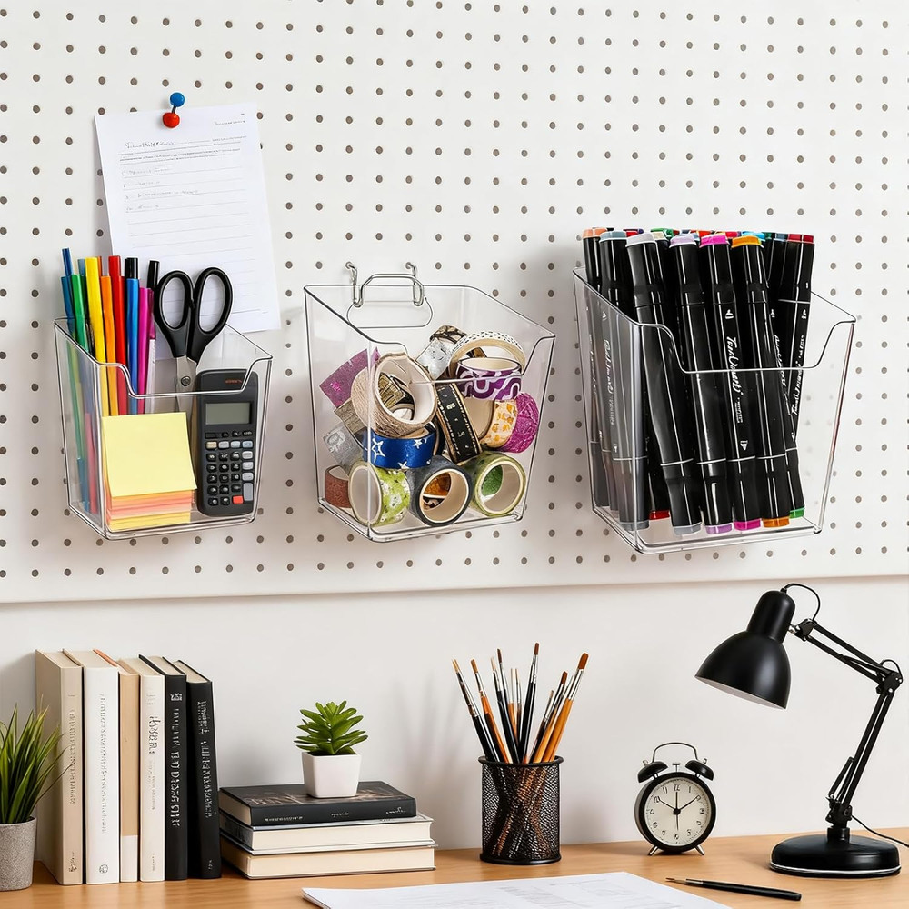6 Pack Clear Pegboard Cups with Hooks Plastic Peg Board Bins Pegboard Organizer