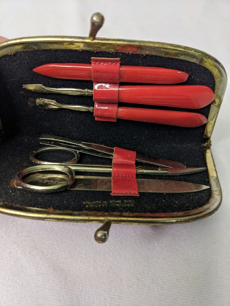 1950s Vintage Lady Bug Red Leather Manicure Set